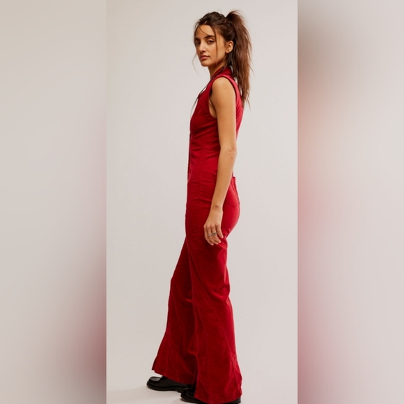 Free People CRVY Ring The Alarm Corduory One Piece Jumpsuit In Red - Picture 3 of 6